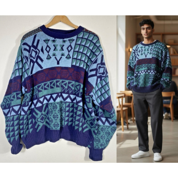 Towncraft Sweater Size Large Mens Blue Purple Geometric Cabincore Ski 80s 90s
